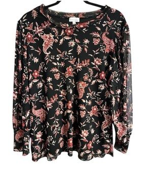 🎁 Kit + Sky Black Floral Paisley 3/4 Sleeve Top Sz Large Soft Stretch Blouse EUC